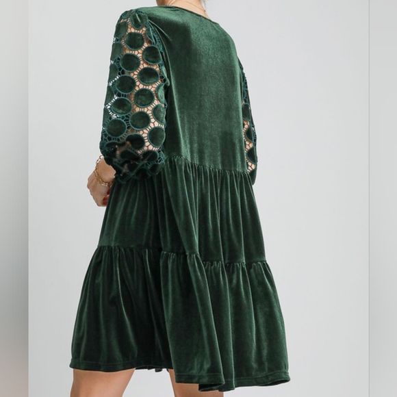 Umgee Lace Velvet Sheer Polka-dot Boho Babydoll Ruffle Long Sleeve Mini Dress - Picture 9 of 14